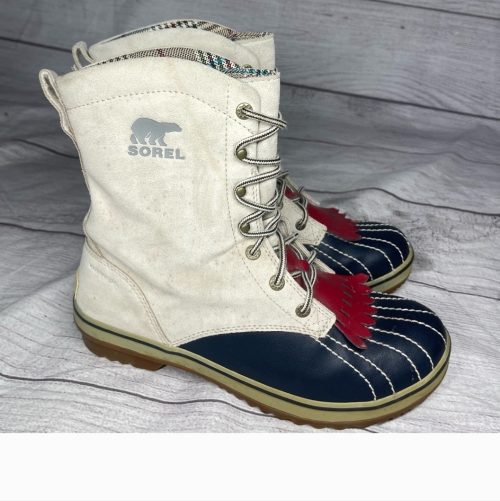 Sorel Tivoli Camp Women’s 8.5 Cream Suede Blue Leather Winter Boots
